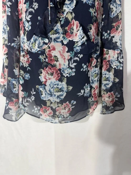 White House Black Market Navy Floral Tie-Front Blouse Size 4 - Picture 5 of 11